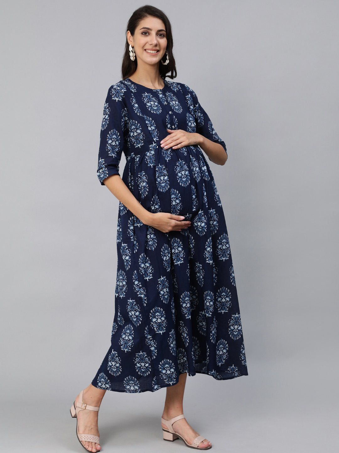 Women Blue Indigo Printed Maternity Dress With Three Quarter Sleeves | LASVINI - Redefining Indian Fashion with Elegance