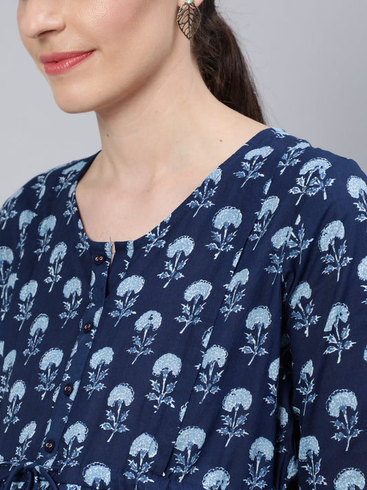 Women Blue Floral Printed Maternity Dress With Three Quarter Sleeves | LASVINI - Redefining Indian Fashion with Elegance
