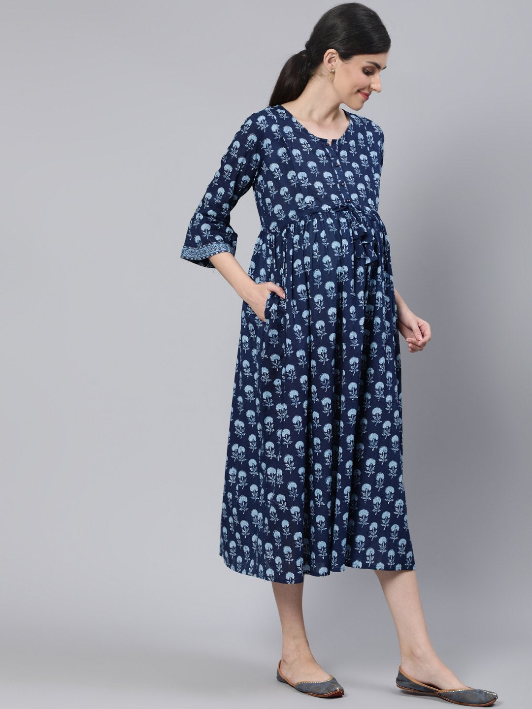 Women Blue Floral Printed Maternity Dress With Three Quarter Sleeves | LASVINI - Redefining Indian Fashion with Elegance