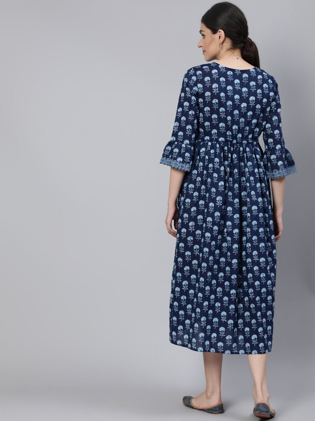 Women Blue Floral Printed Maternity Dress With Three Quarter Sleeves | LASVINI - Redefining Indian Fashion with Elegance