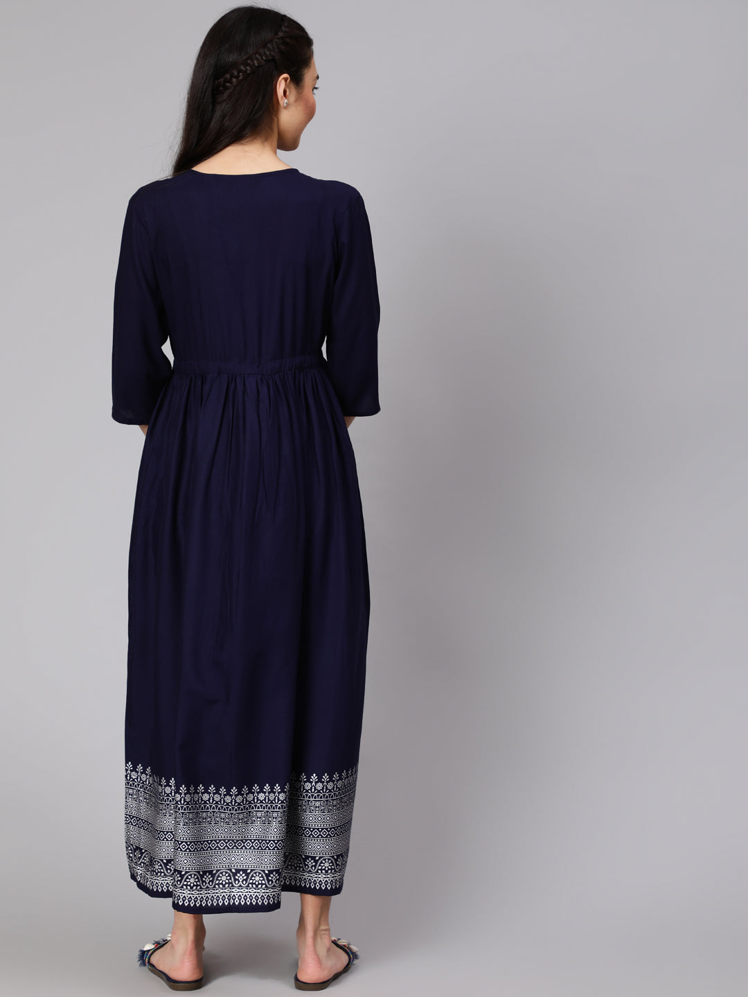 Women Navy Blue Maternity Dress With Three Quater Sleeves | LASVINI - Redefining Indian Fashion with Elegance