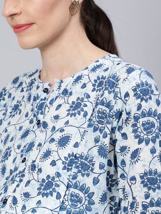 Women Off White & Blue Floral Printed Maternity Dress With Three Quarter Sleeves | LASVINI - Redefining Indian Fashion with Elegance