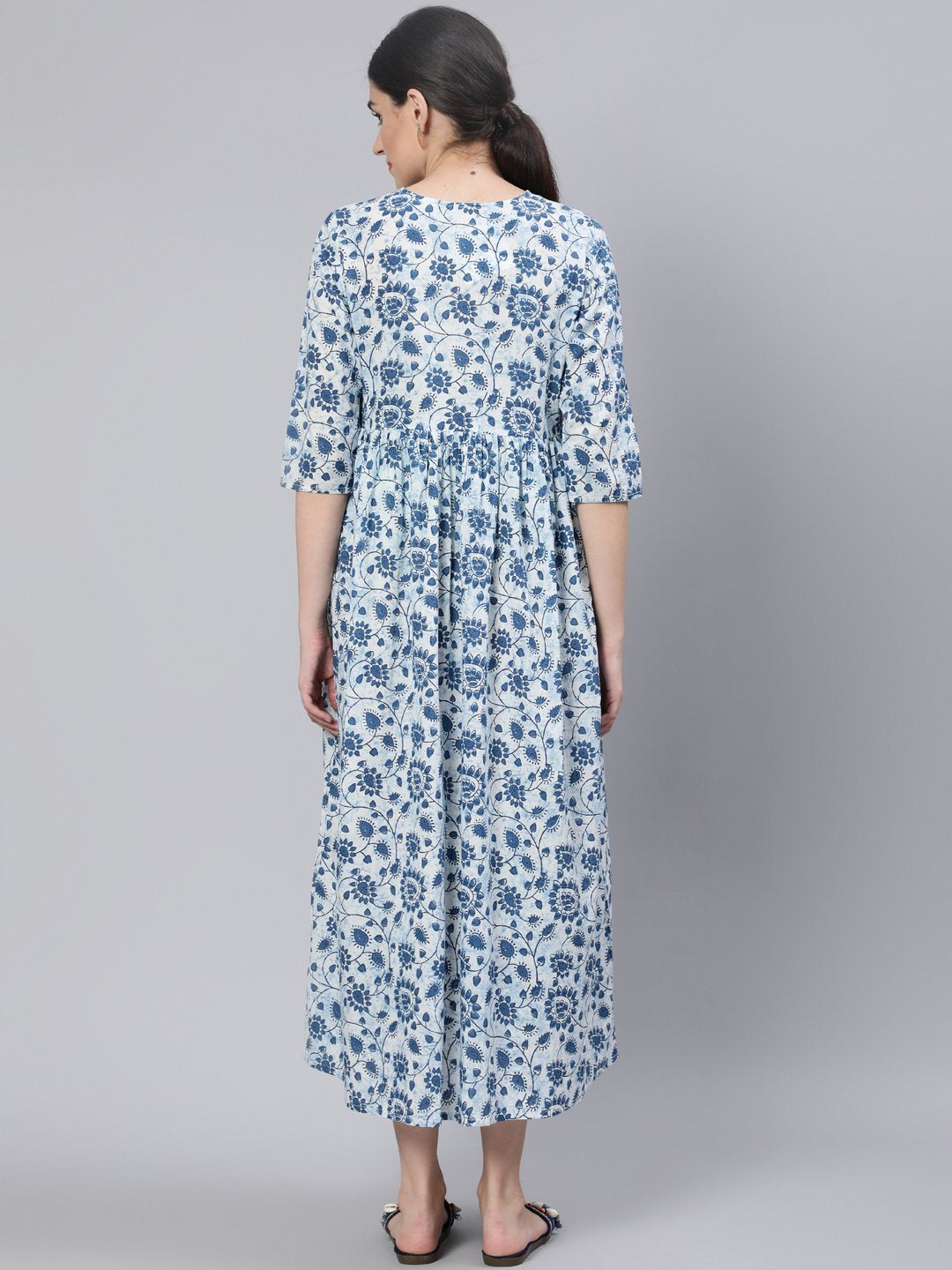 Women Off White & Blue Floral Printed Maternity Dress With Three Quarter Sleeves | LASVINI - Redefining Indian Fashion with Elegance