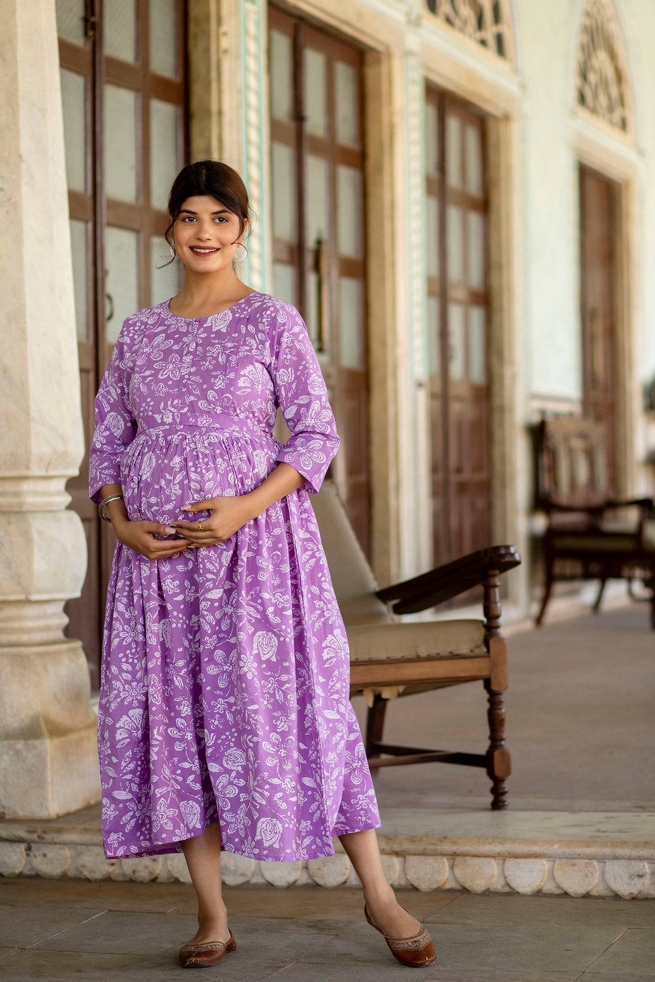 Women Levender Printed Flared Maternity Dress | LASVINI - Redefining Indian Fashion with Elegance