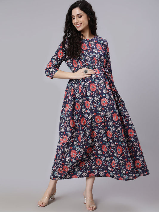 Women Blue Floral Printed Flared Maternity Dress | LASVINI - Redefining Indian Fashion with Elegance
