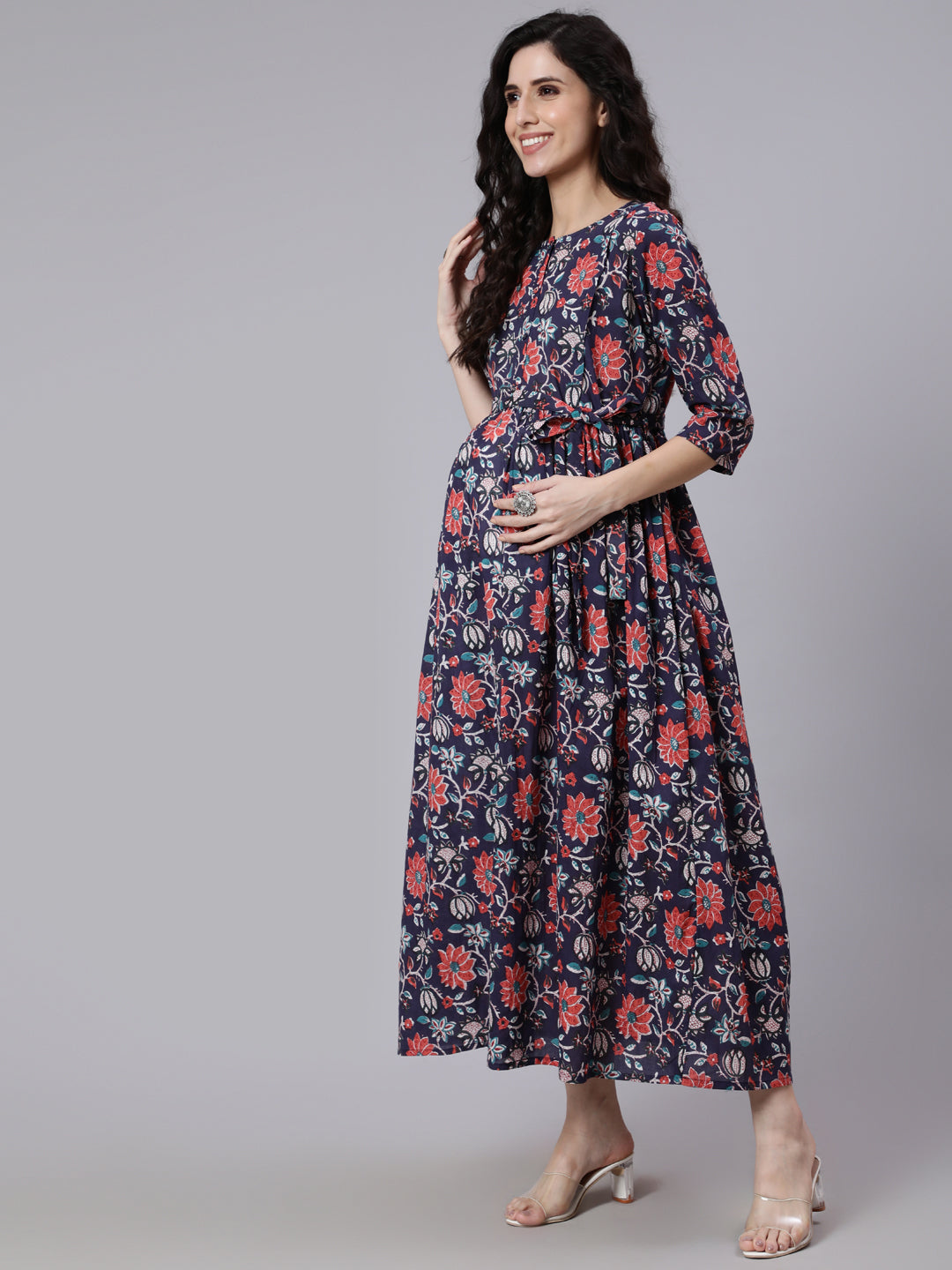 Women Blue Floral Printed Flared Maternity Dress | LASVINI - Redefining Indian Fashion with Elegance