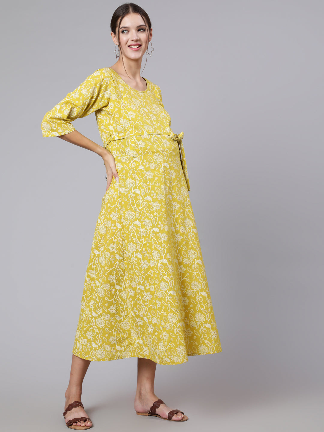 Women Green Ethnic Printrted Maternity Dress With Three Quarter Sleeves | LASVINI - Redefining Indian Fashion with Elegance