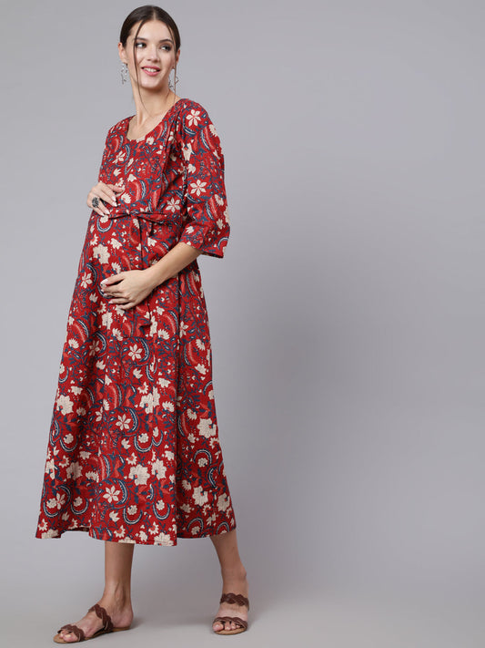 Women Maroon Ethinc Printed Flared Maternity Dress | LASVINI - Redefining Indian Fashion with Elegance