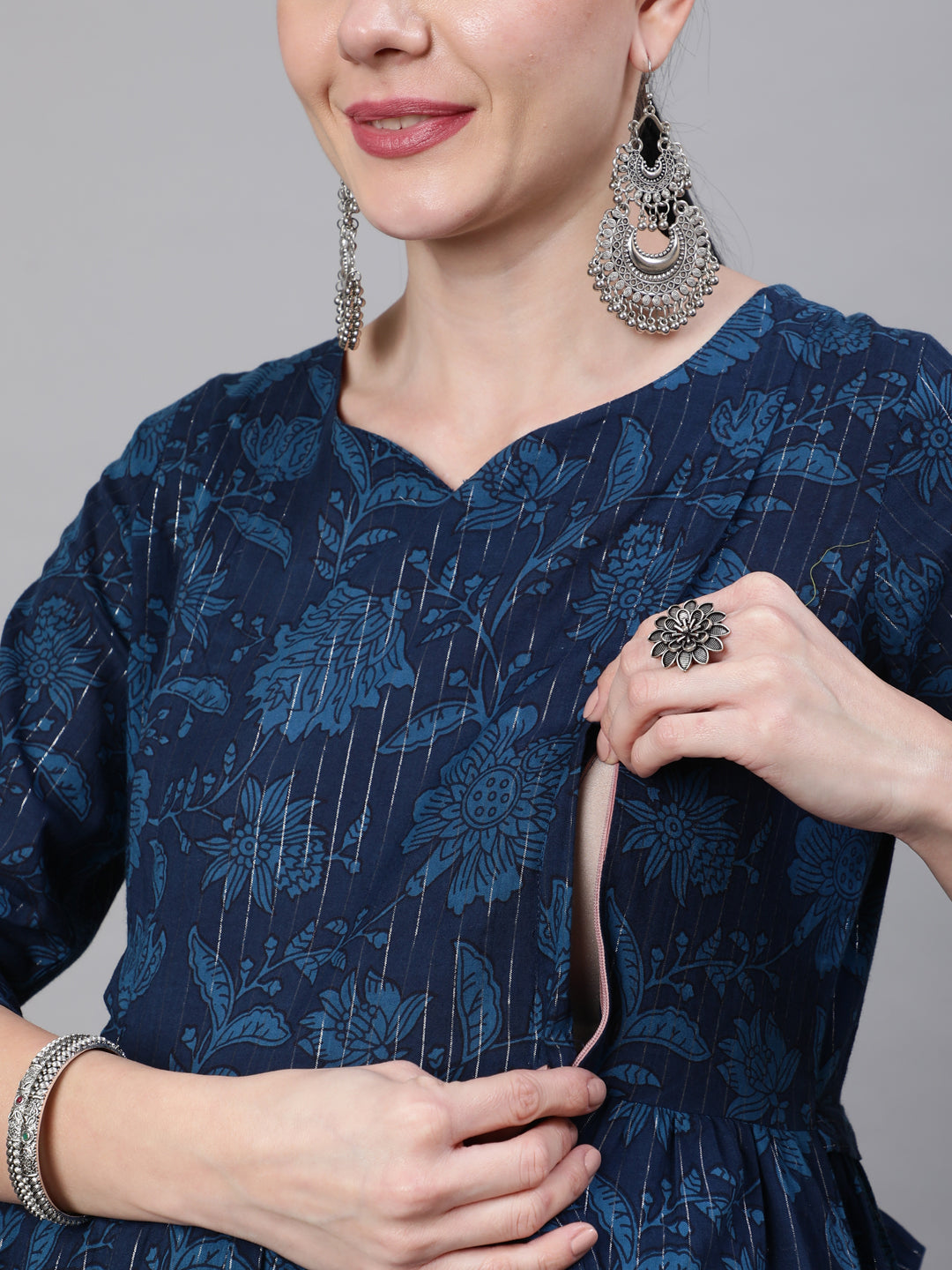 Women Navy Blue Ethinc Printed Flared Maternity Dress | LASVINI - Redefining Indian Fashion with Elegance