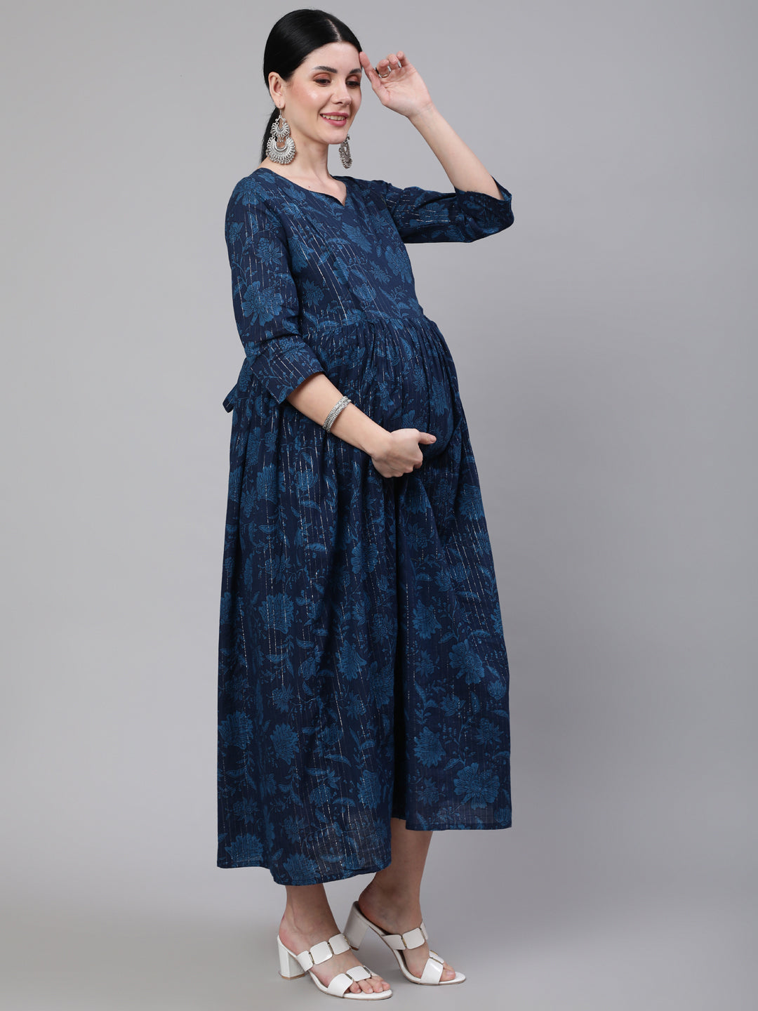 Women Navy Blue Ethinc Printed Flared Maternity Dress | LASVINI - Redefining Indian Fashion with Elegance