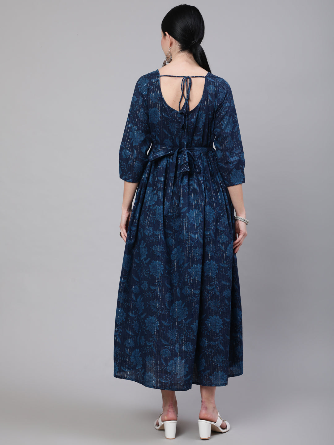 Women Navy Blue Ethinc Printed Flared Maternity Dress | LASVINI - Redefining Indian Fashion with Elegance