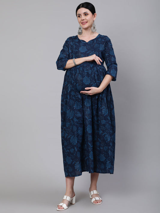 Women Navy Blue Ethinc Printed Flared Maternity Dress | LASVINI - Redefining Indian Fashion with Elegance