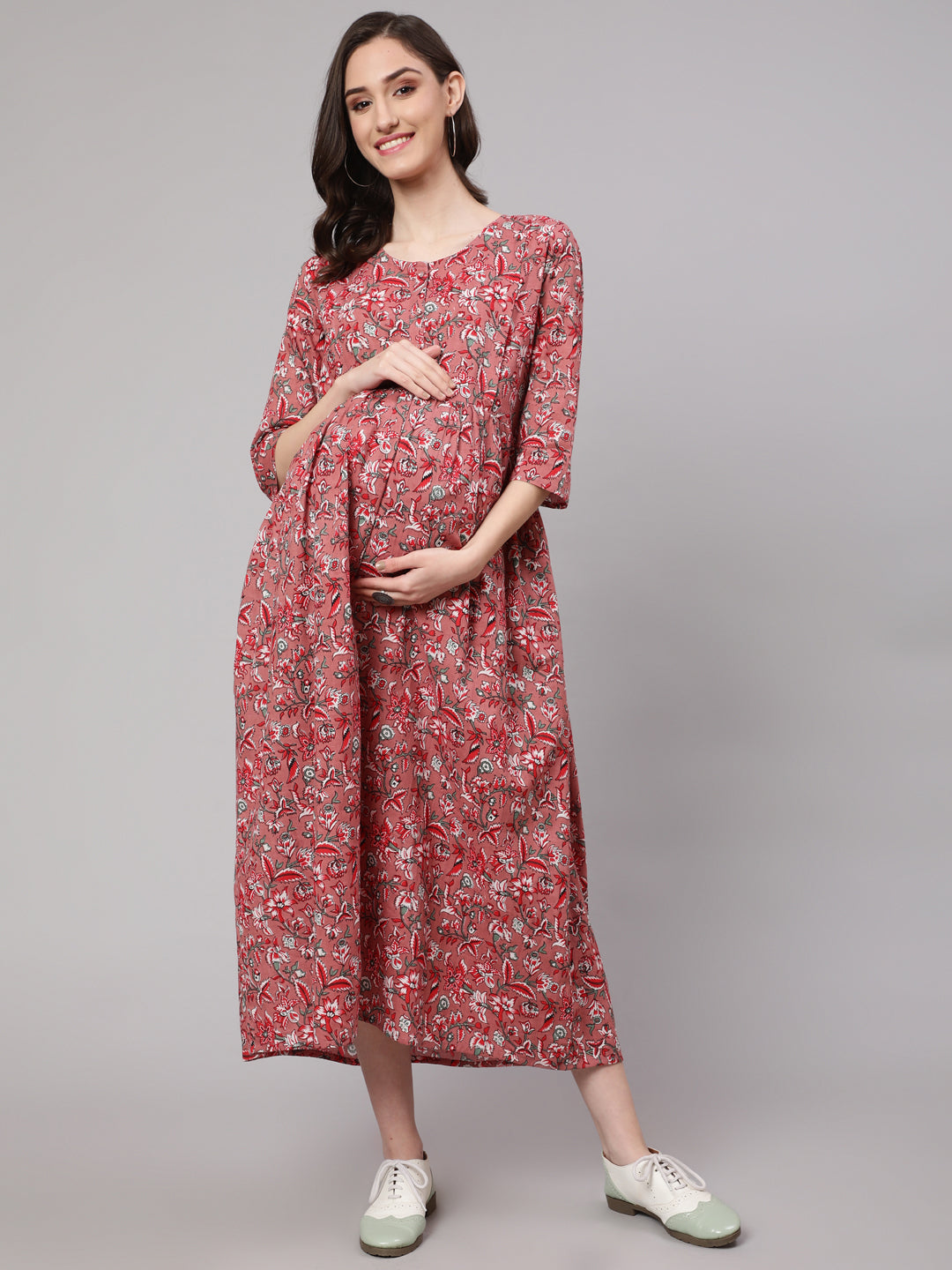 Women Mauve Floral Printed Flared Maternity Dress | LASVINI - Redefining Indian Fashion with Elegance