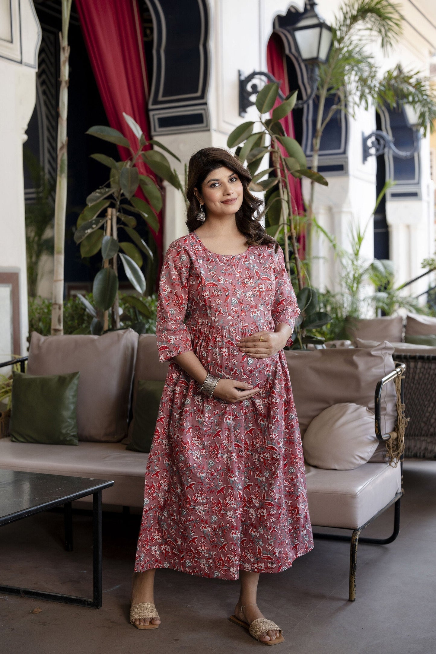 Women Mauve Floral Printed Flared Maternity Dress | LASVINI - Redefining Indian Fashion with Elegance
