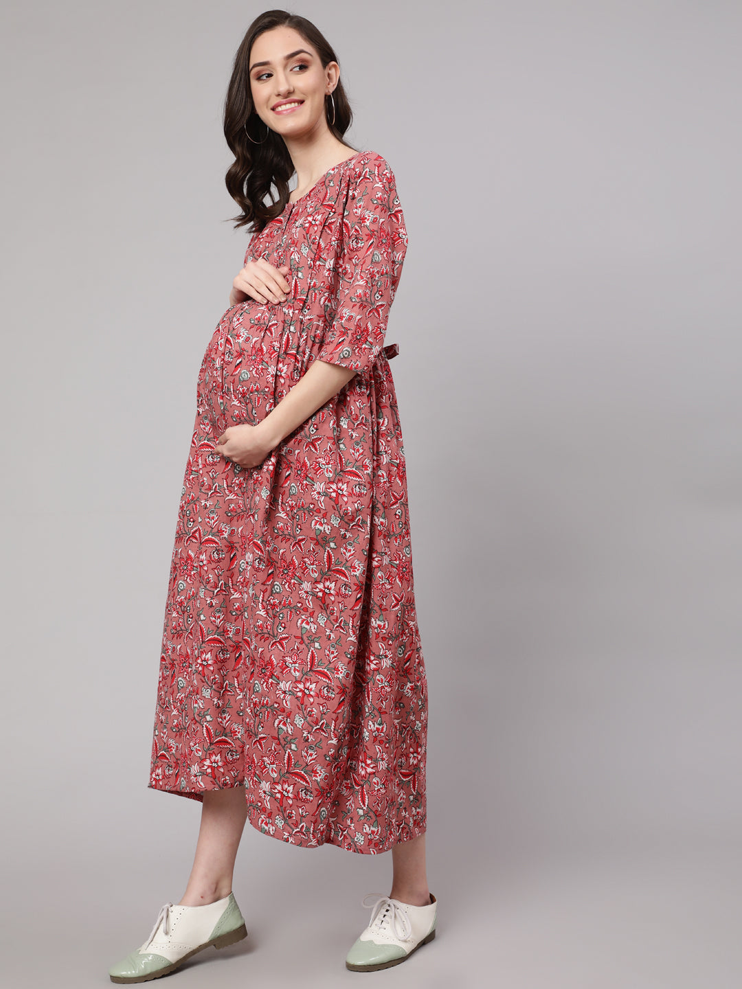 Women Mauve Floral Printed Flared Maternity Dress | LASVINI - Redefining Indian Fashion with Elegance
