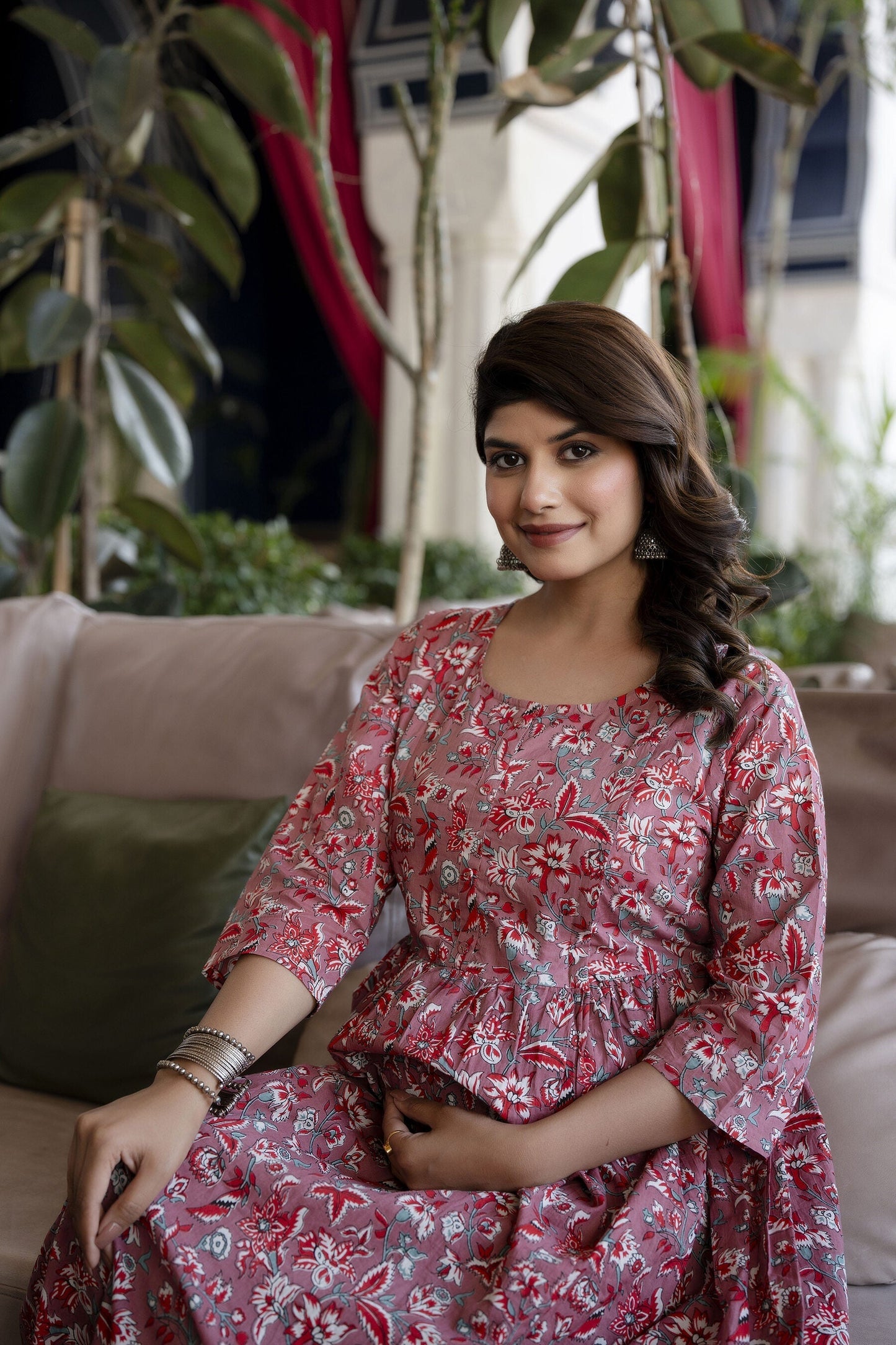 Women Mauve Floral Printed Flared Maternity Dress | LASVINI - Redefining Indian Fashion with Elegance