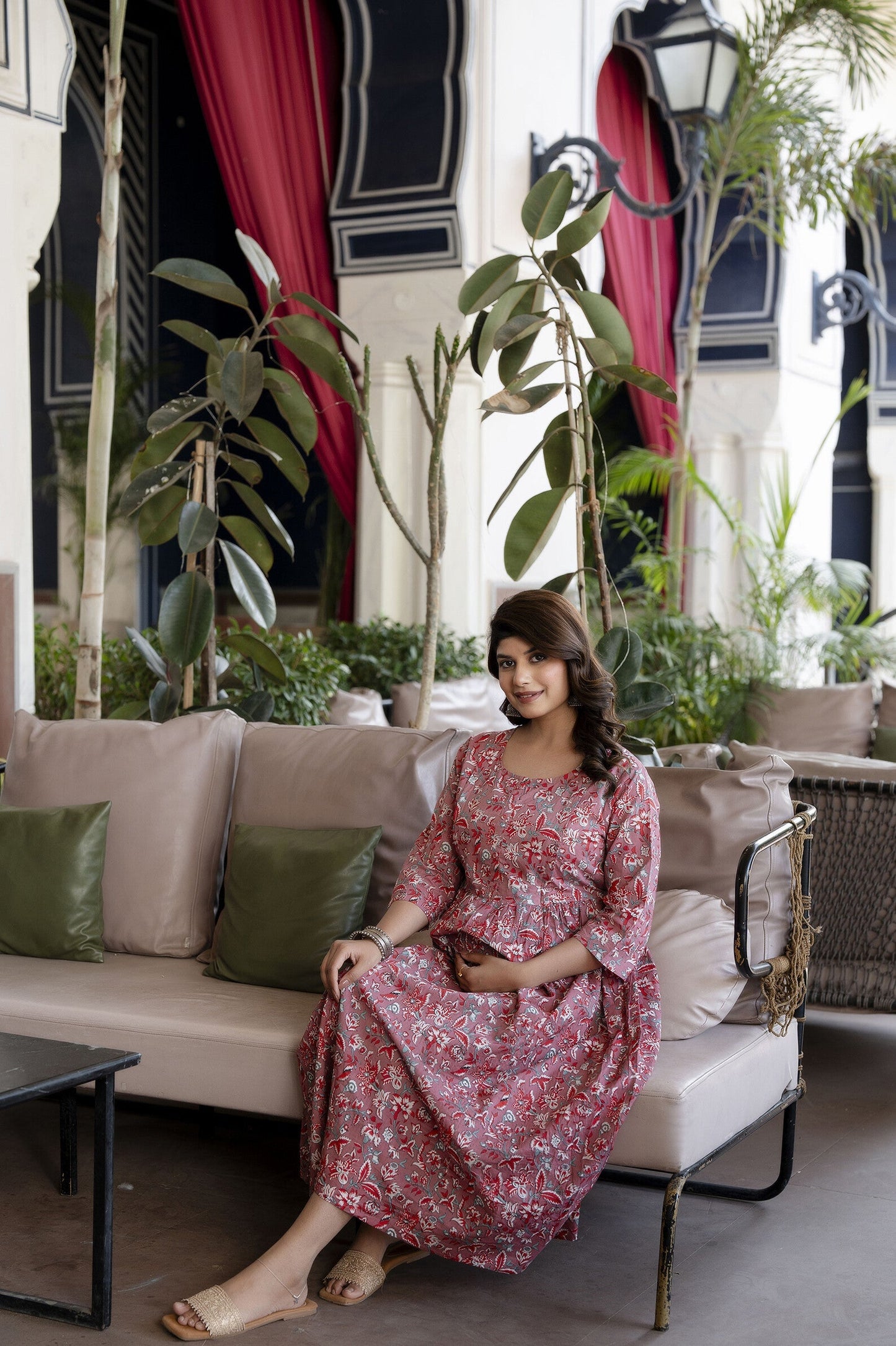 Women Mauve Floral Printed Flared Maternity Dress | LASVINI - Redefining Indian Fashion with Elegance