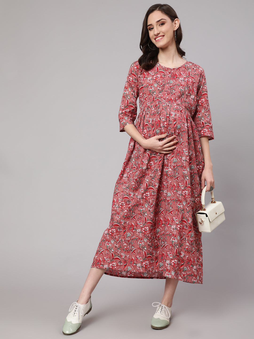 Women Mauve Floral Printed Flared Maternity Dress | LASVINI - Redefining Indian Fashion with Elegance