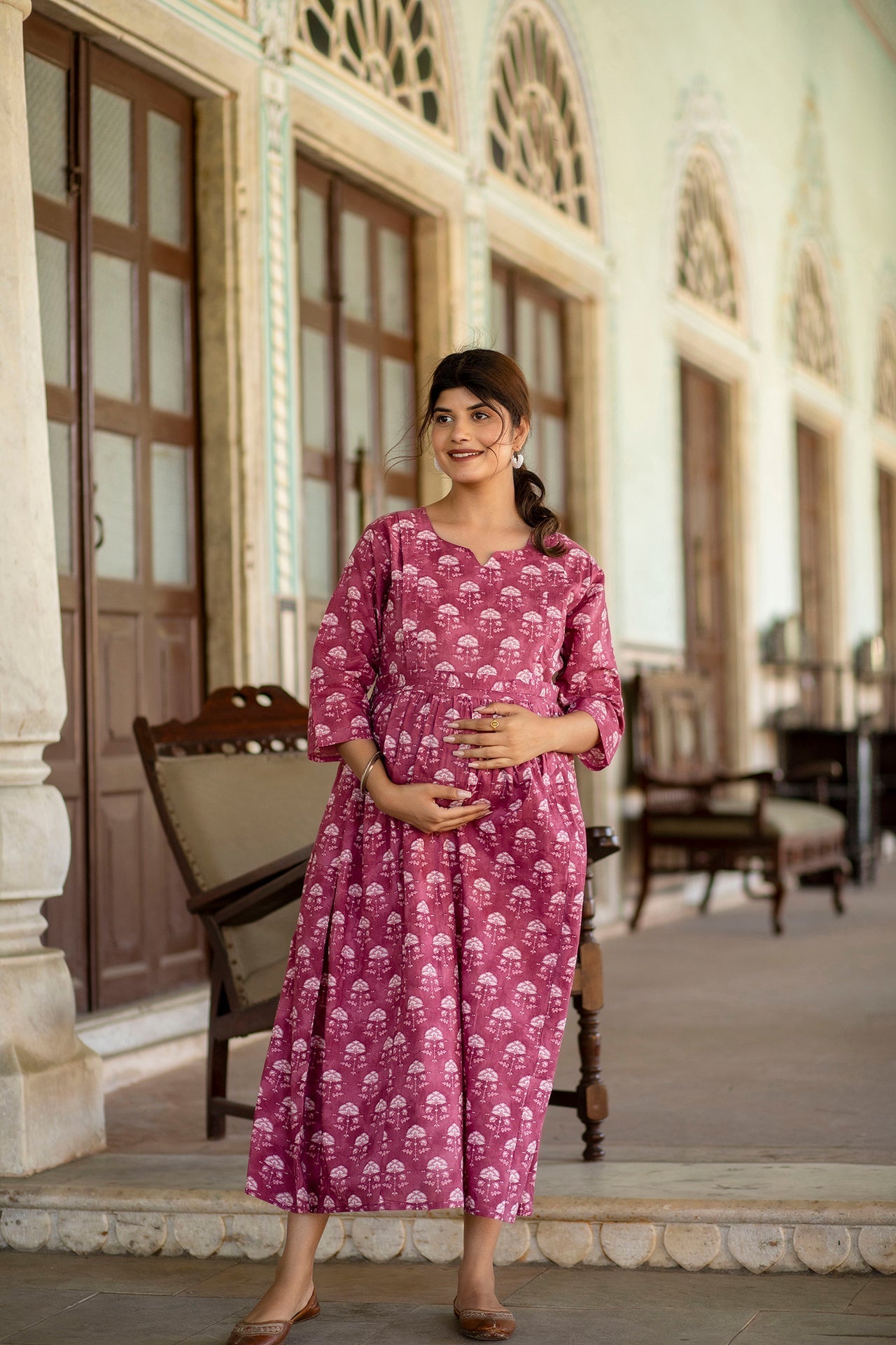 Women Pink Floral Printed Flared Maternity Dress | LASVINI - Redefining Indian Fashion with Elegance
