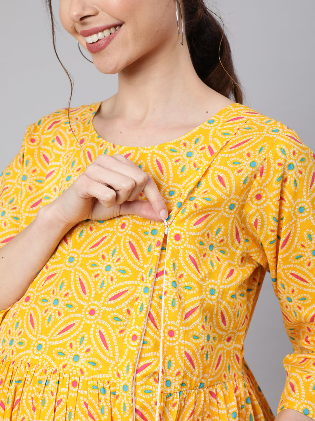 Women Yellow Ethnic Printed Flared Maternity Dress | LASVINI - Redefining Indian Fashion with Elegance