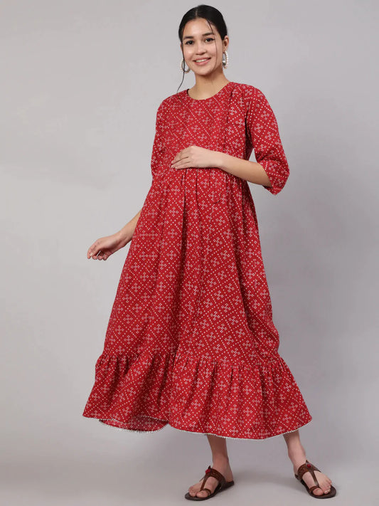 Women Maroon Printed Flared Maternity Dress | LASVINI - Redefining Indian Fashion with Elegance