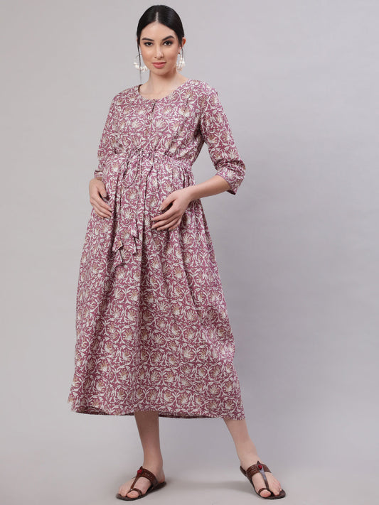 Women Lavender Printed Flared Maternity Dress | LASVINI - Redefining Indian Fashion with Elegance