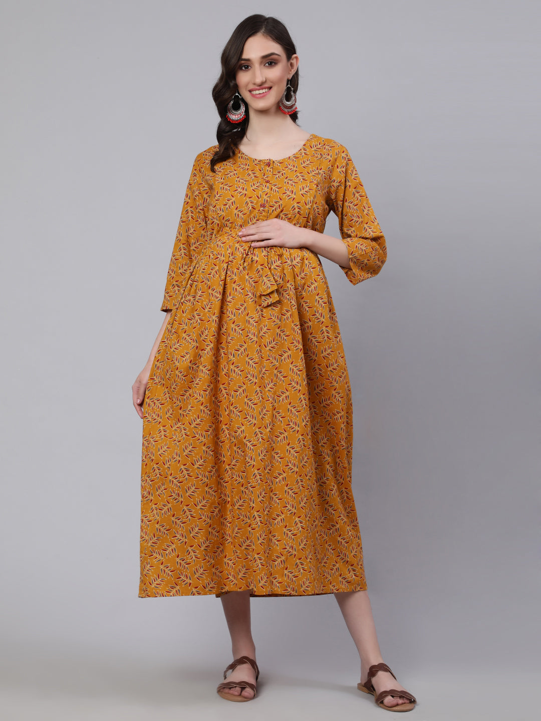 Women Mustard Printed Flared Maternity Dress | LASVINI - Redefining Indian Fashion with Elegance