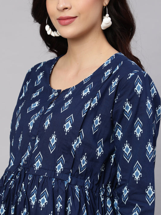Women Blue Floral Printed Flared Maternity Dress | LASVINI - Redefining Indian Fashion with Elegance
