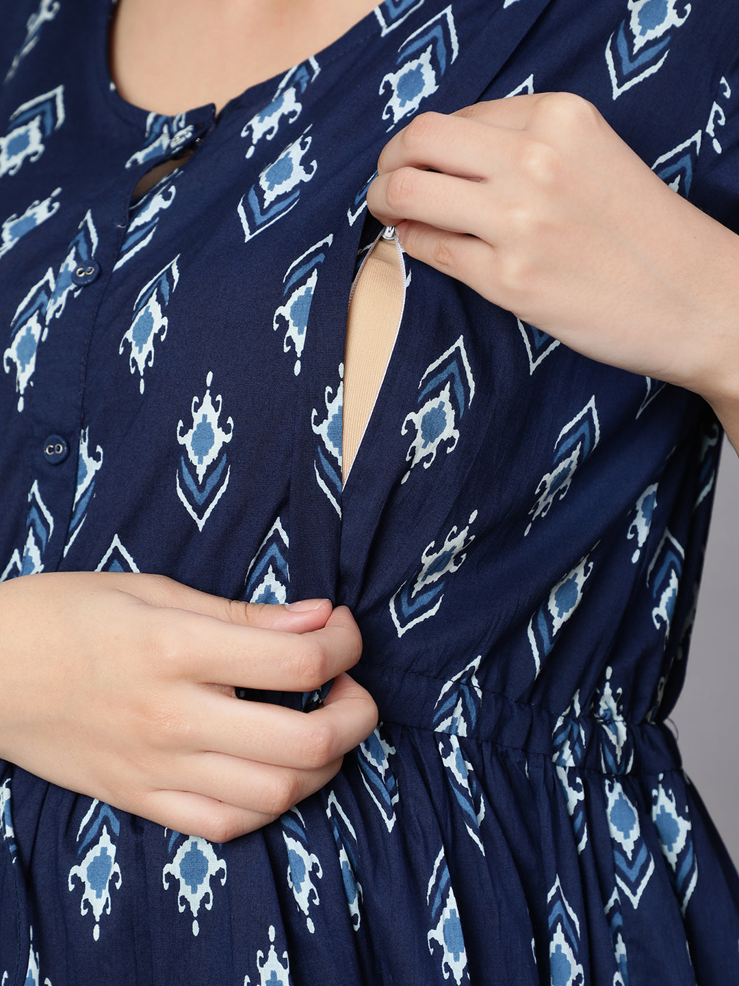 Women Blue Floral Printed Flared Maternity Dress | LASVINI - Redefining Indian Fashion with Elegance