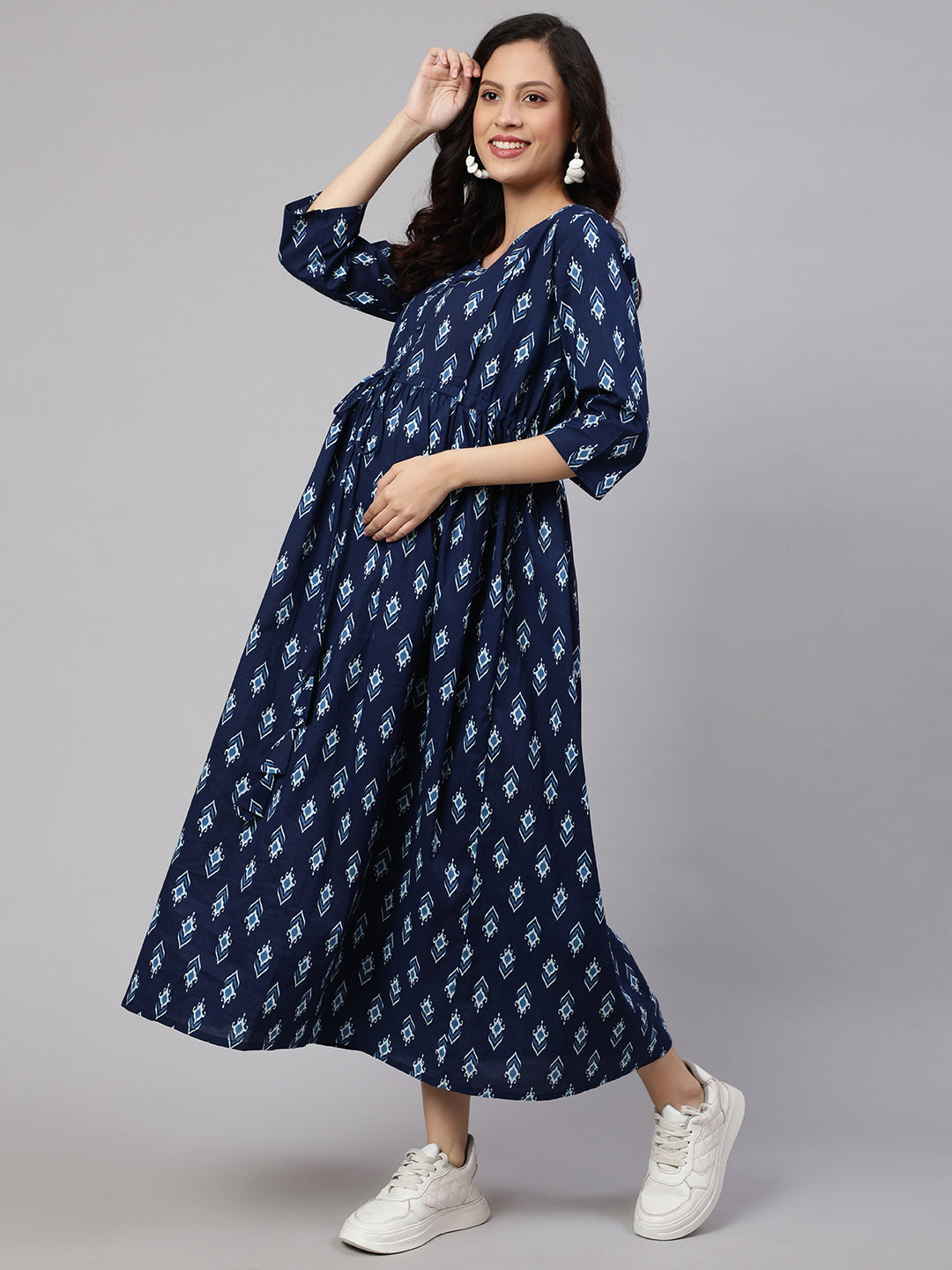 Women Blue Floral Printed Flared Maternity Dress | LASVINI - Redefining Indian Fashion with Elegance