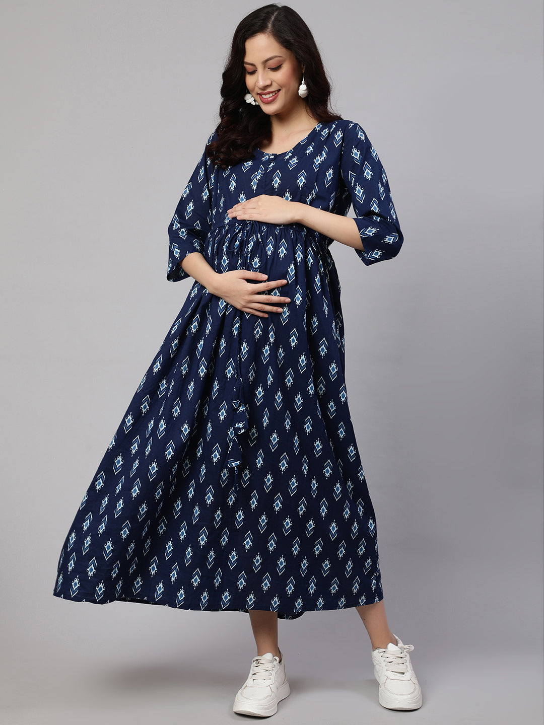 Women Blue Floral Printed Flared Maternity Dress | LASVINI - Redefining Indian Fashion with Elegance
