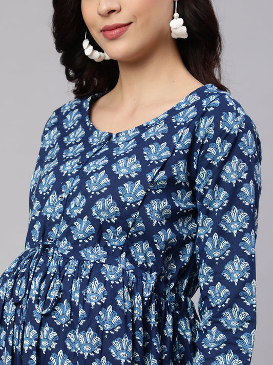 Women Blue Floral Printed Flared Maternity Dress | LASVINI - Redefining Indian Fashion with Elegance