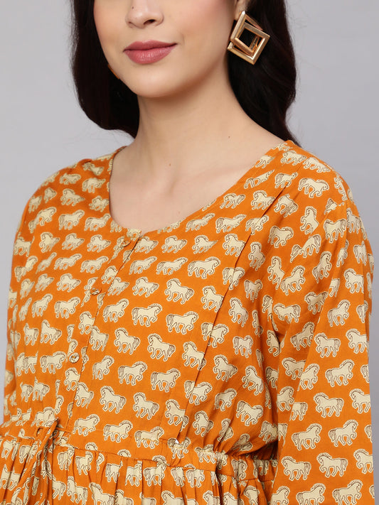 Women Yellow Ethnic Printed Flared Maternity Dress | LASVINI - Redefining Indian Fashion with Elegance