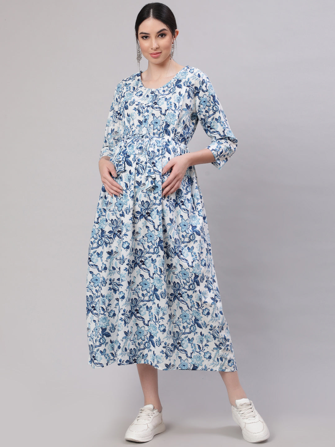 Women Off White & Blue Floral Printed Maternity Dress With Three Quarter Sleeves | LASVINI - Redefining Indian Fashion with Elegance