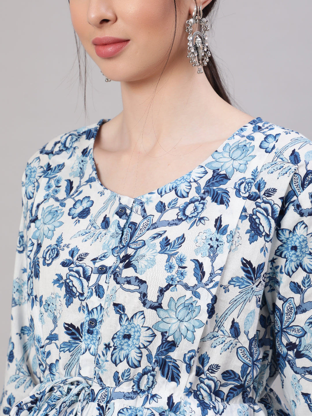Women Off White & Blue Floral Printed Maternity Dress With Three Quarter Sleeves | LASVINI - Redefining Indian Fashion with Elegance