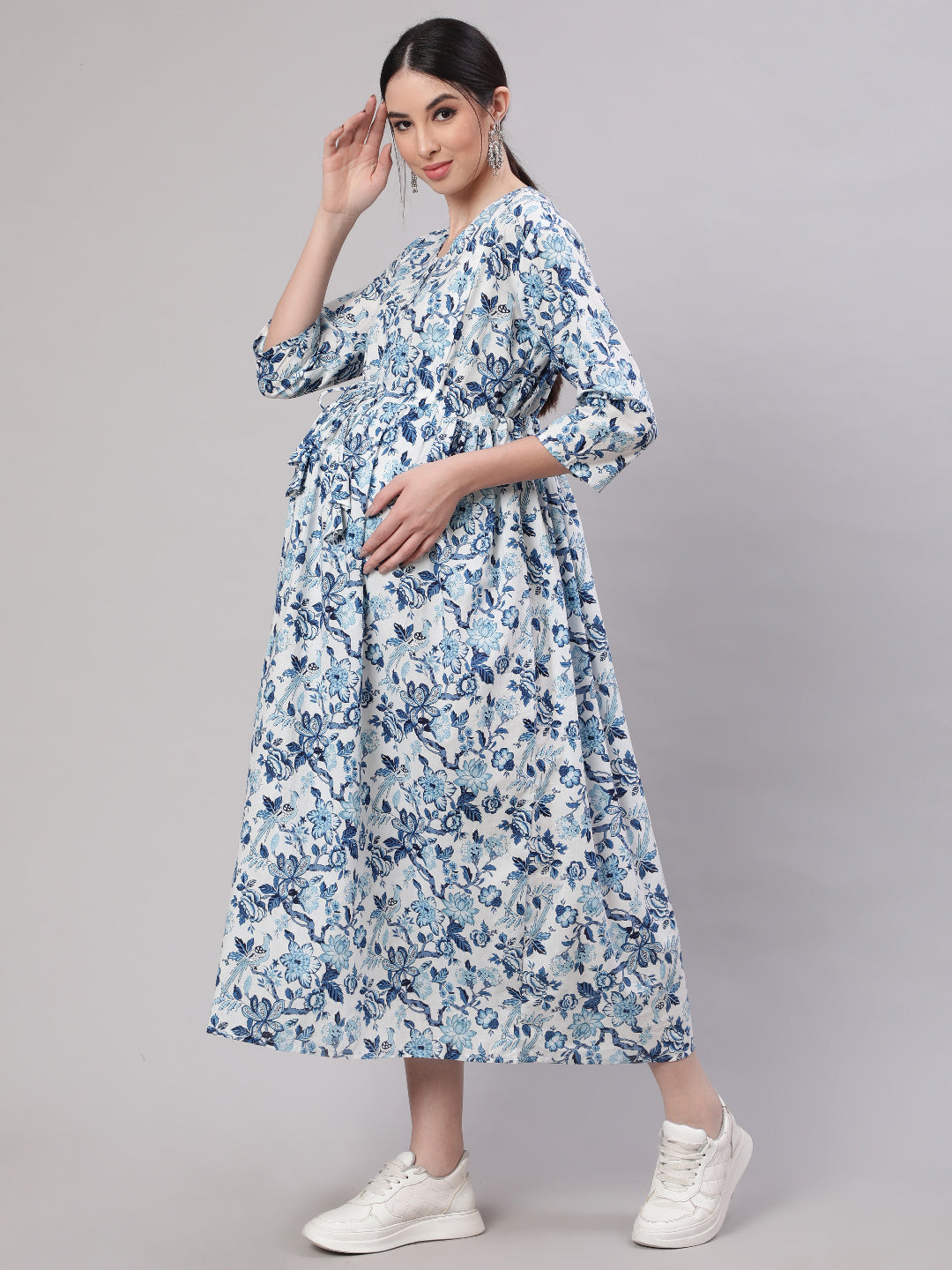 Women Off White & Blue Floral Printed Maternity Dress With Three Quarter Sleeves | LASVINI - Redefining Indian Fashion with Elegance