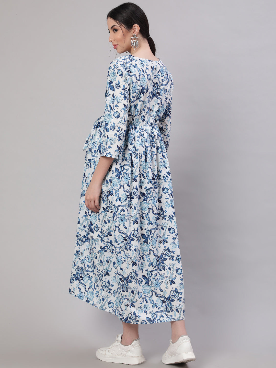 Women Off White & Blue Floral Printed Maternity Dress With Three Quarter Sleeves | LASVINI - Redefining Indian Fashion with Elegance