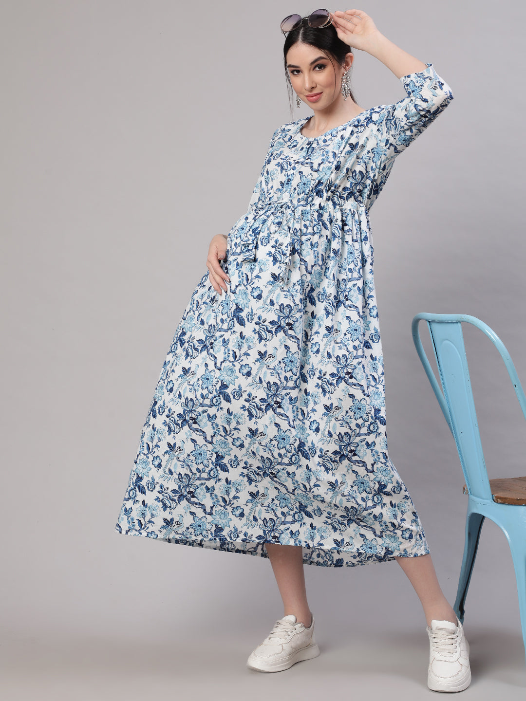 Women Off White & Blue Floral Printed Maternity Dress With Three Quarter Sleeves | LASVINI - Redefining Indian Fashion with Elegance