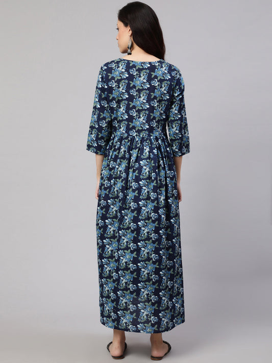 Women Blue Printed Flared Maternity Dress | LASVINI - Redefining Indian Fashion with Elegance