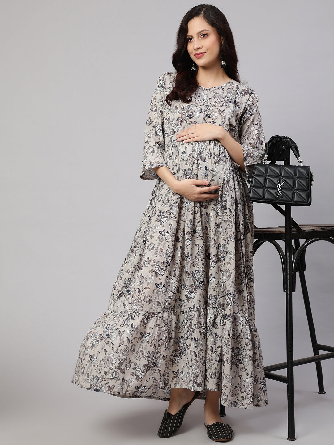 Women Grey Printed Flared Maternity Dress | LASVINI - Redefining Indian Fashion with Elegance