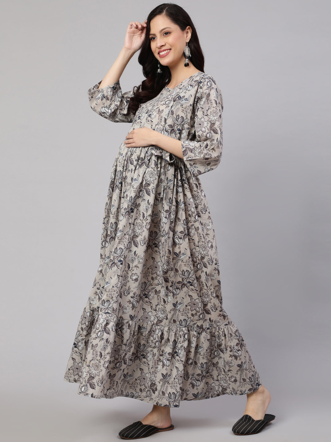 Women Grey Printed Flared Maternity Dress | LASVINI - Redefining Indian Fashion with Elegance