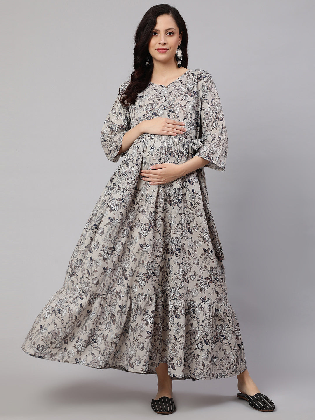 Women Grey Printed Flared Maternity Dress | LASVINI - Redefining Indian Fashion with Elegance