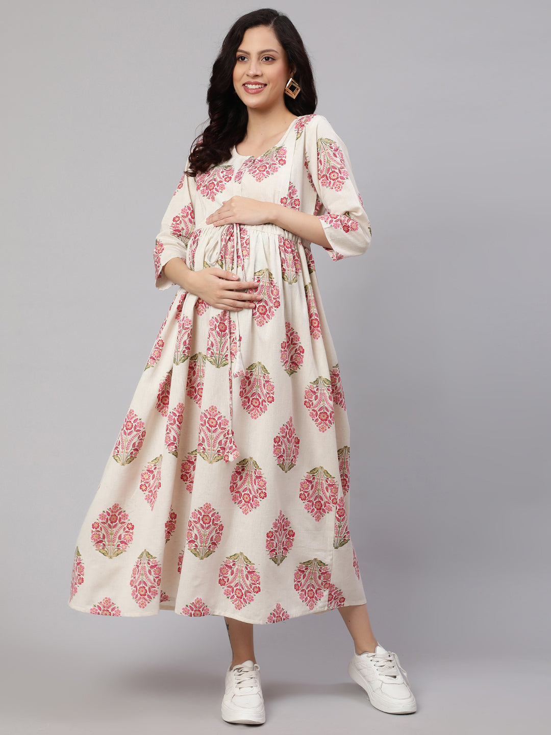 Women Off White & Blue Floral Printed Maternity Dress With Three Quarter Sleeves | LASVINI - Redefining Indian Fashion with Elegance