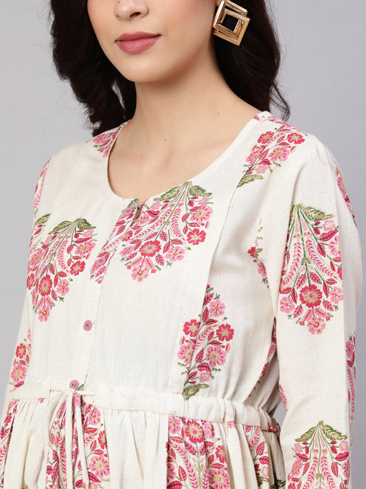 Women Off White & Blue Floral Printed Maternity Dress With Three Quarter Sleeves | LASVINI - Redefining Indian Fashion with Elegance