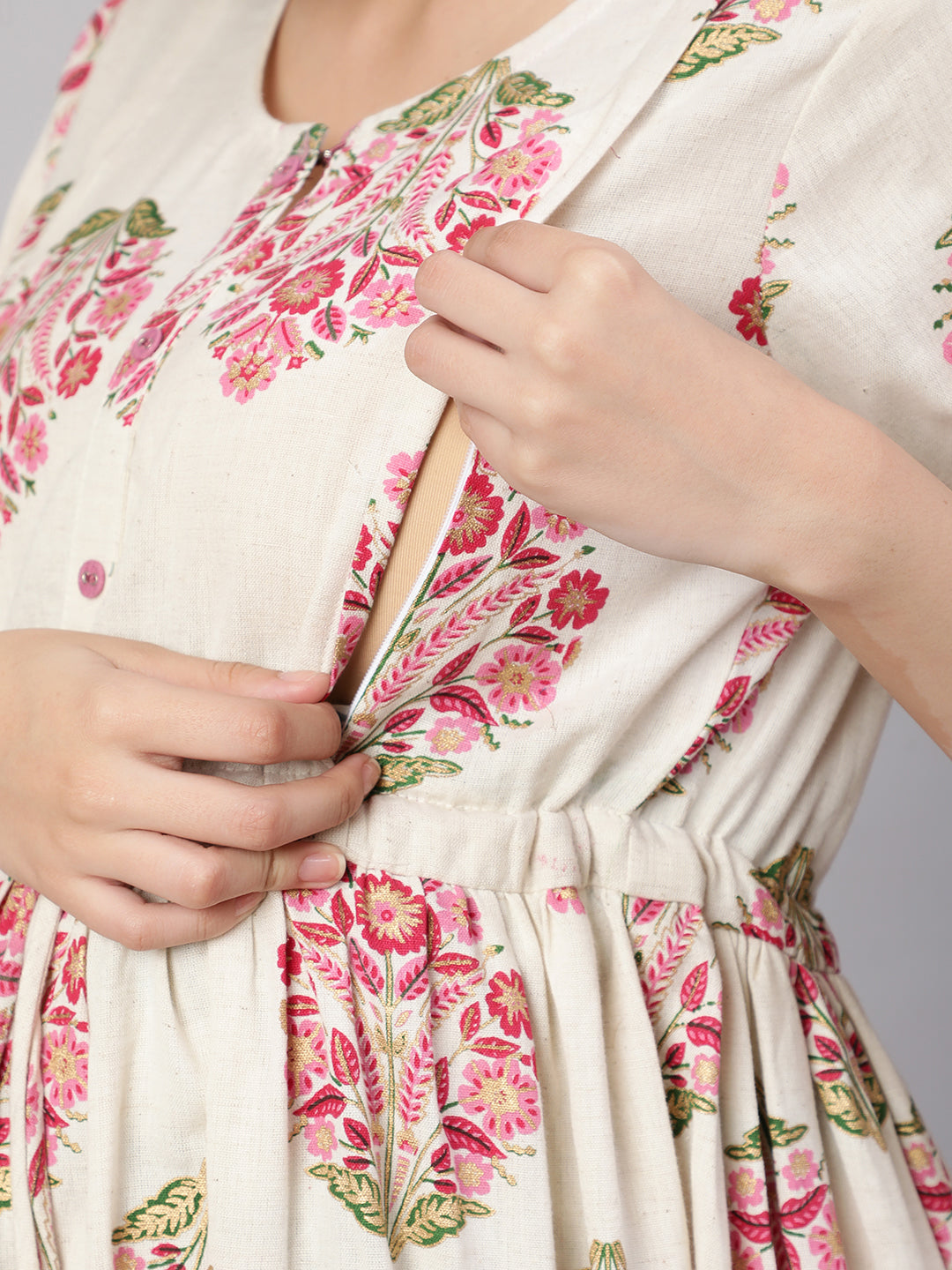 Women Off White & Blue Floral Printed Maternity Dress With Three Quarter Sleeves | LASVINI - Redefining Indian Fashion with Elegance