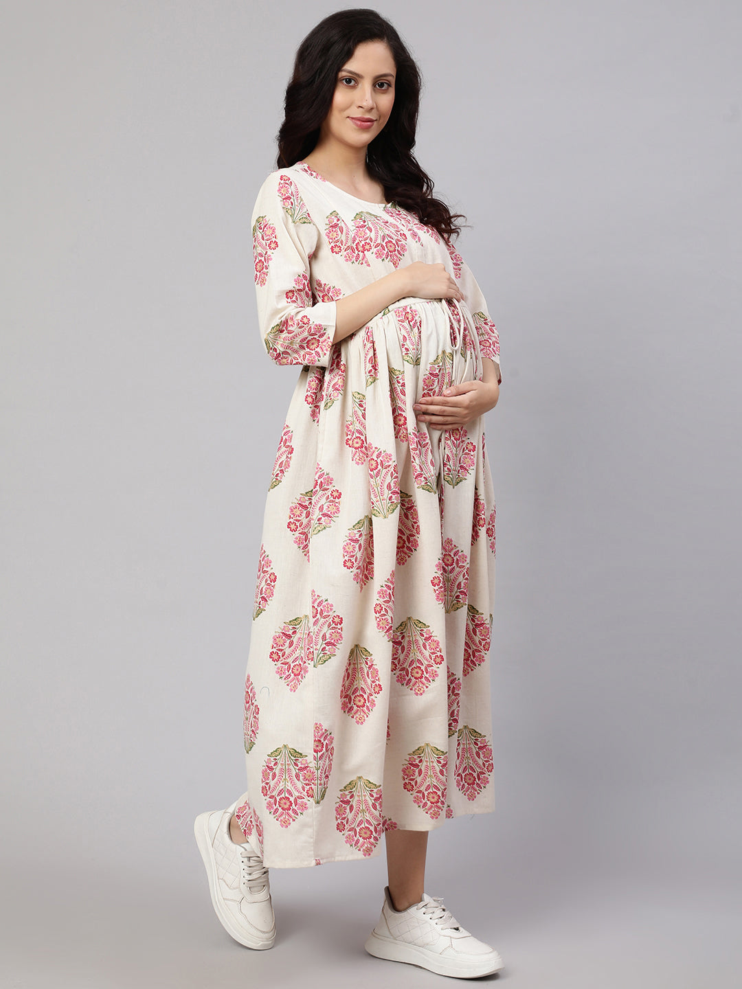 Women Off White & Blue Floral Printed Maternity Dress With Three Quarter Sleeves | LASVINI - Redefining Indian Fashion with Elegance
