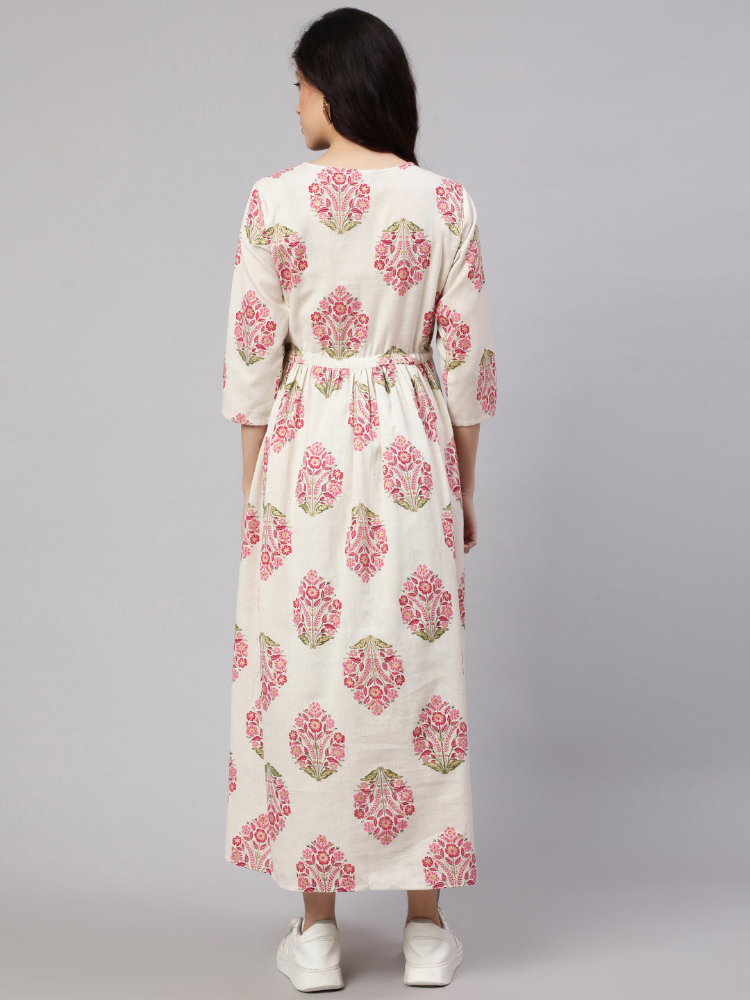 Women Off White & Blue Floral Printed Maternity Dress With Three Quarter Sleeves | LASVINI - Redefining Indian Fashion with Elegance