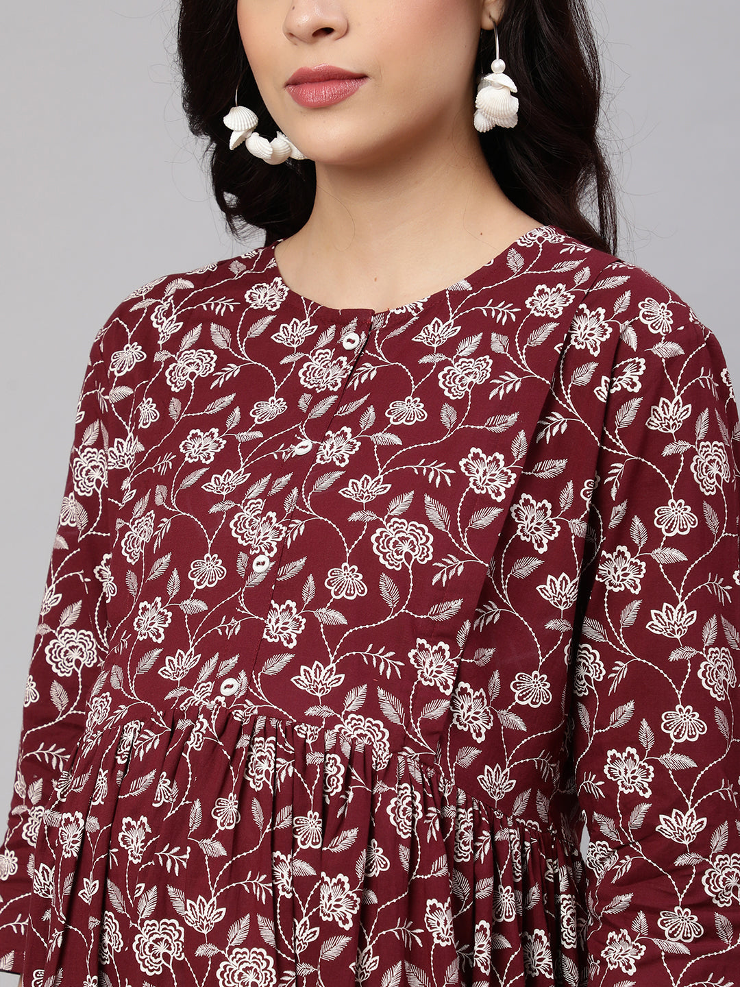 Women Burgundy Printed Flared Maternity Dress | LASVINI - Redefining Indian Fashion with Elegance