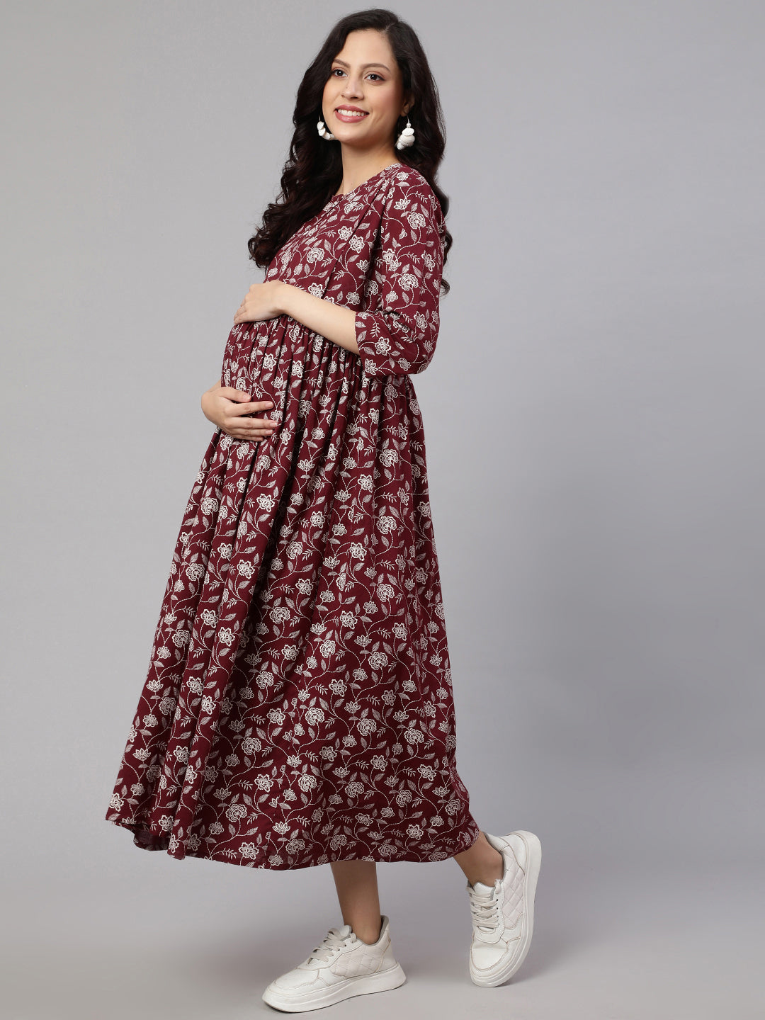 Women Burgundy Printed Flared Maternity Dress | LASVINI - Redefining Indian Fashion with Elegance