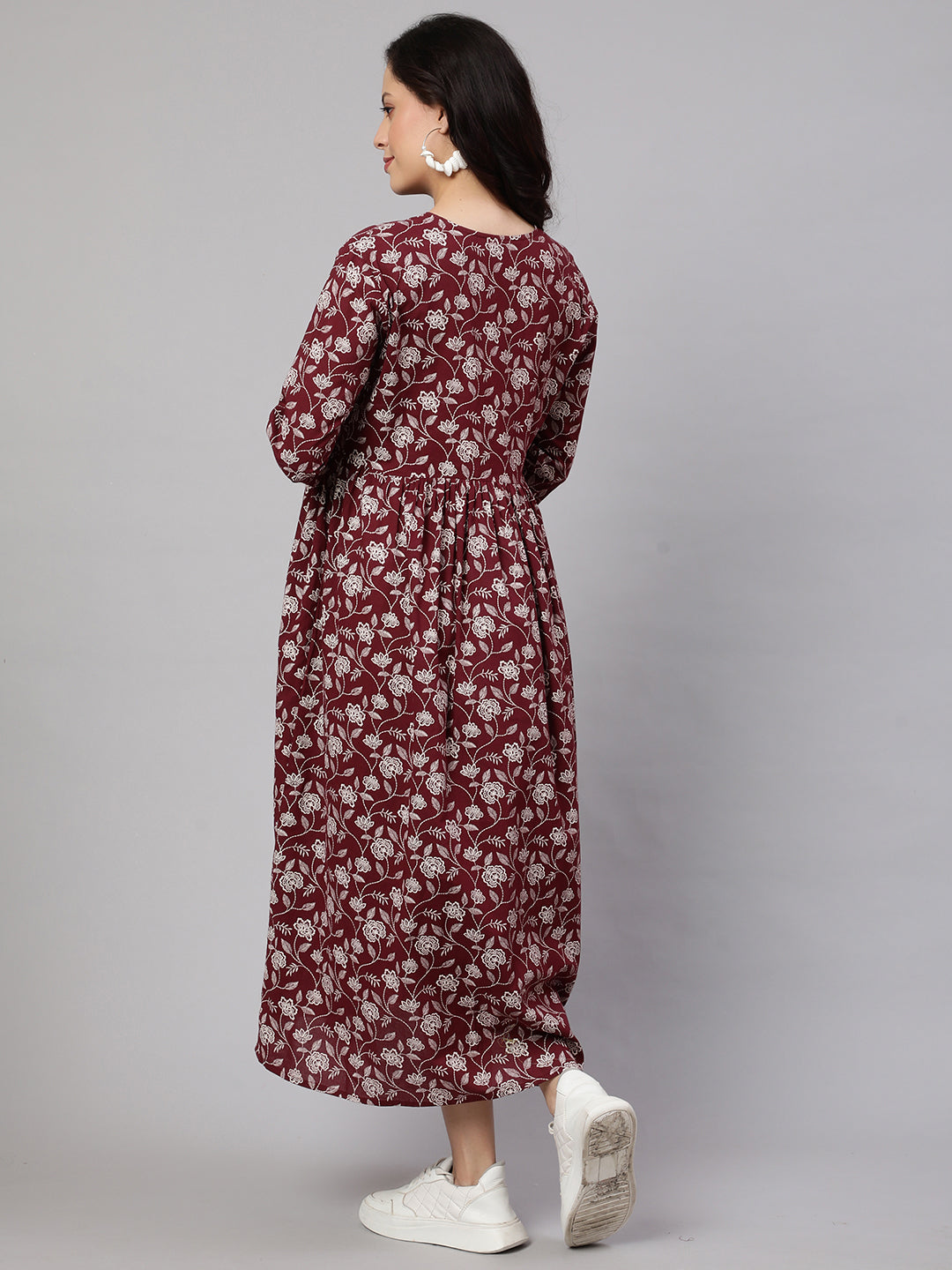 Women Burgundy Printed Flared Maternity Dress | LASVINI - Redefining Indian Fashion with Elegance